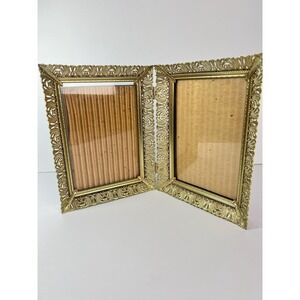 Vintage Gold Metal Ornate Filigree hinged Double  5x7 Photo Picture Frame